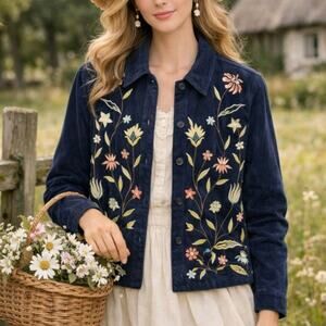 Susan Graver Button-Up Shacket Size L Navy Floral Embroidered Cottage Artsy